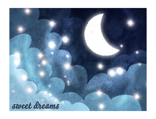 Grafika na plakat - niebo, gwiazdy i księżyc, akwarela - słodkich snów - obrazy, fototapety, plakaty