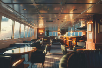 The warm glow of sunset bathes an elegant ship's lounge in golden light, inviting relaxation and contemplation of the journey ahead.