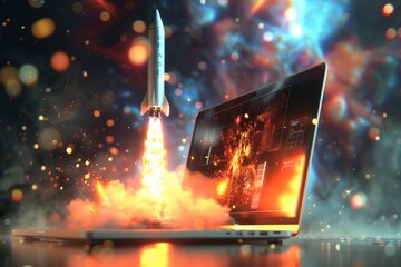 Innovation Ignition: Space Rocket Launching from Laptop Screen in Ultra-Realistic Detail