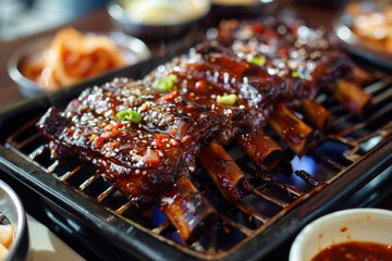 Korean Barbecue Ribs Grilling with Sesame Seeds and Green Onions