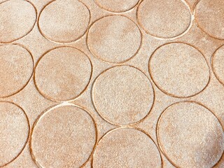 Rolled dough from whole wheat flour and cut out circles for making dumplings