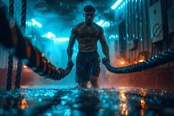 A powerful male athlete engages in intense workout with battle ropes amidst a dramatic and...