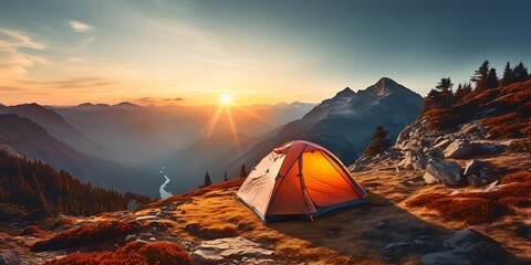 Tent on the top of a mountain at sunset. 3d rendering