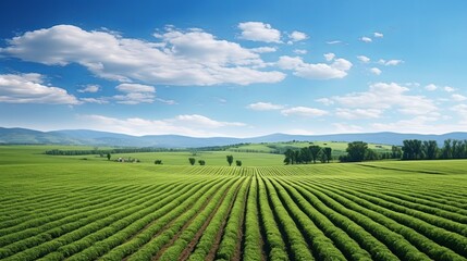 Fototapeta na wymiar Beautiful spring landscape of agro field on background of blue sky. Copy space, summer green landscape
