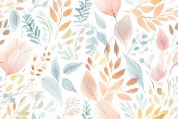 Seamless pattern of delicate watercolor leaves and branches in soft pastel tones, ideal for spring-themed designs, wedding invitations, or gentle background visuals.