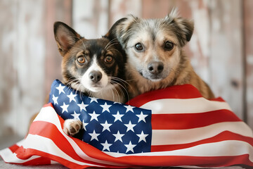 Funny dogs  with big America USA  flag celebrates 4th of July Independence Day