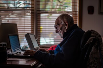 Focused elderly man with glasses working on a laptop in a well-lit room with blinds. Senior Man Concentrating on Laptop Work - obrazy, fototapety, plakaty