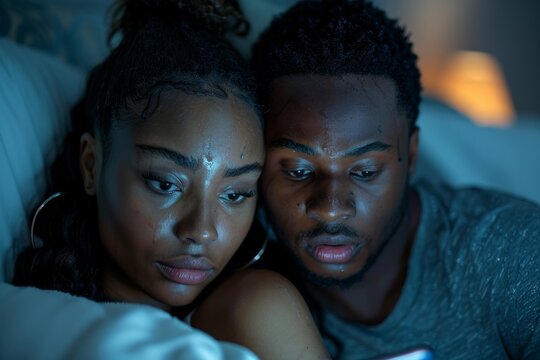 A couple in a dimly lit bedroom engrossed in viewing a smartphone screen together
