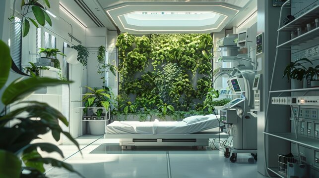 Hospital room with lush green wall and advanced medical equipment.