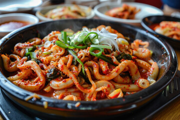 Spicy Stir-fried Octopus in Korean Cuisine - obrazy, fototapety, plakaty