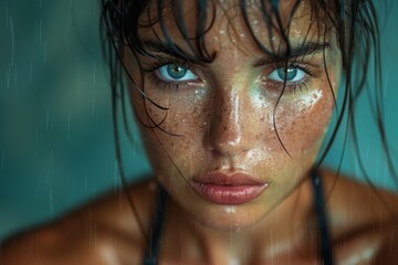 Striking image of a contemplative woman drenched in rain, with water droplets on her face