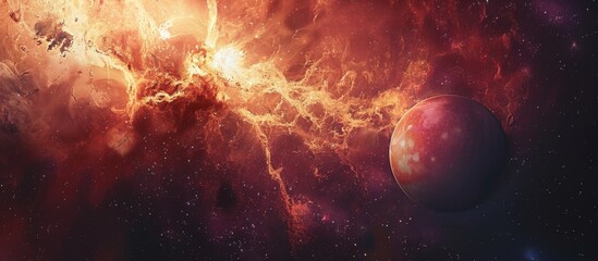 Red planet and vibrant orange nebula in space
