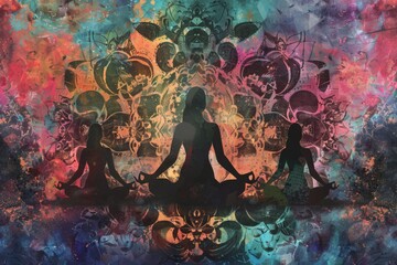 Mandala sacred geometry shapes with silhouettes of meditating women, palette of tie-dye colors, blending into a harmonious psychedelic motif created with Generative AI Technology