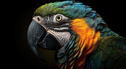 portrait of a parrot, photo studio set up with key light, isolated with black background and copy space