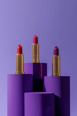 Lipstick products prsented on purple podiums - obrazy, fototapety, plakaty