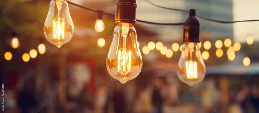 Aufkleber numerous illuminated light bulbs are suspended on a decorative string of lights, creating a festive 