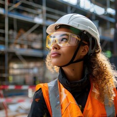 Female engineer at building site. Generative AI 