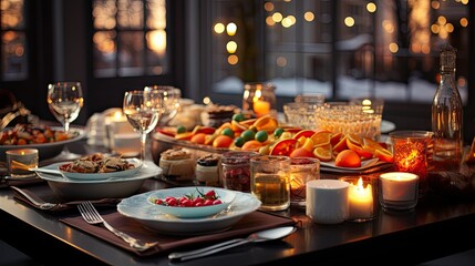Fototapeta na wymiar christmas dinner table full of dishes with food UHD Wallpaper