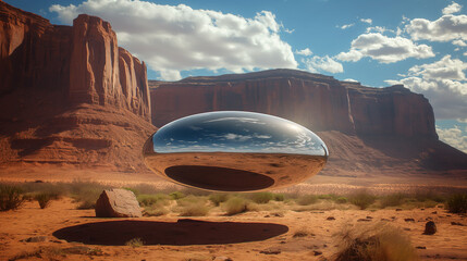 Silver Metallic UFO: Cylindrical Reflective Tic Tac shaped Flying Saucer UAP hovering over Desert Landscape with Mountains in Arizona