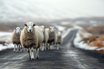 Sheep walking on the road - obrazy, fototapety, plakaty