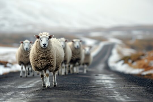 Sheep walking on the road