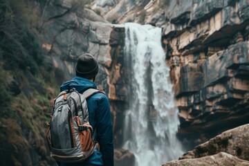 Side view of anonymous tourist with backpack standing on rocky cliff and enjoying picturesque waterfall in Huesca City during vacation - obrazy, fototapety, plakaty