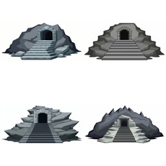 Dungeon entrance stairway set. Cave stone staircase. Gray rock cavern. Ancient dungeon, grotto Mountain tunnel entrance stairs Entry to cave underground Game location symbol. Vector object collection.