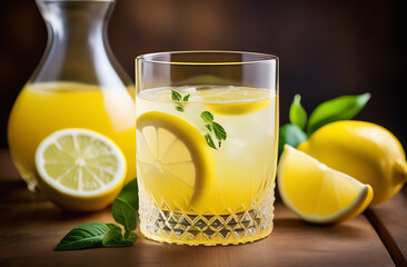 Fototapeta premium Lemonade with fresh lemon and rosemary on a wooden table