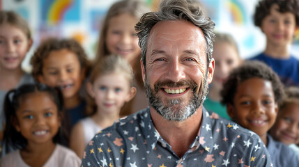 middle aged european man in a classroom with his students or preschoolers looking at the camera and smiling. teacher or educator at your favorite job. modern kindergarten - obrazy, fototapety, plakaty