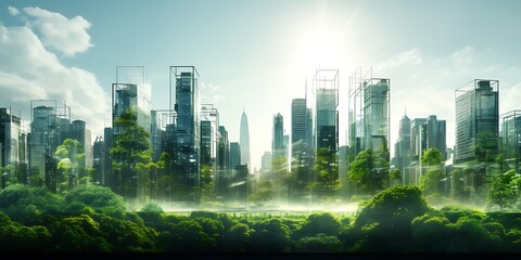 Cityscape with green trees and reflection in water. 3D rendering