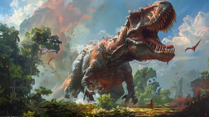 Tyrannosaurus T-Rex Dinosaur in 3D Render with Dinosaurs in Grass - obrazy, fototapety, plakaty