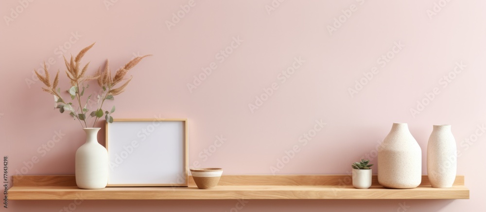 Poster shelf displaying various vases and a framed picture in a close-up shot