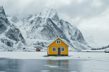 Spectacular landscape of a small wooden yellow house located on a frozen lake in the snowy mountains against the background of a gray cloudy sky