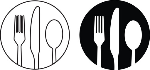 Cutlery fork , knife and spoon icon flat or line set. Restaurant utensil symbol. isolated on transparent background Dinner dish or plate with spoon and fork sign outline vector for apps and websites