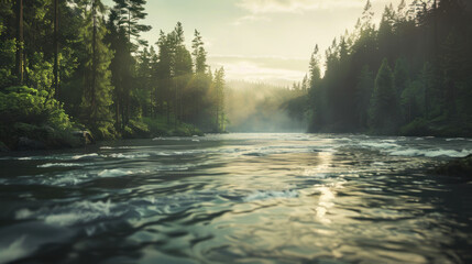 Misty River Flowing Through Forest at Sunrise
