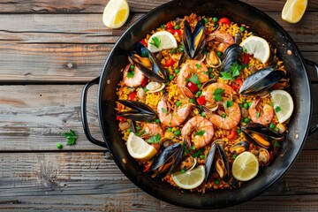 Top view of cooking pan with spanish paella leftovers of rice with mussel and shrimp on wooden table in kitchen