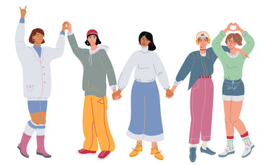 Smiling women standing together and holding hands. Group of female friends, union of feminists. Multinational sisterhood community. Flat graphic vector illustration isolated on white background.