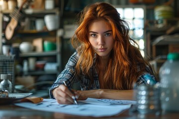 A focused young woman analyzes architectural blueprints at a workshop table, surrounded by various crafting tools and equipment