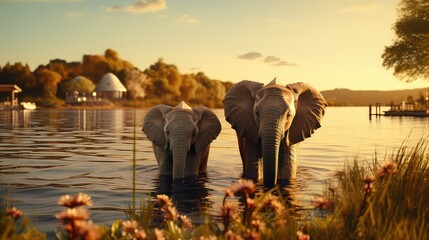 closeup shot of elephants standing near the lake UHD Wallpaper - obrazy, fototapety, plakaty