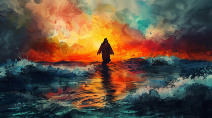 Jesus christ, god walks on water miracle. Watercolor painting, Christ walking on water, jesus...
