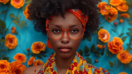 portrait of beautiful afro woman in glasses and fashionable clothes surrounded by flowers, flower background