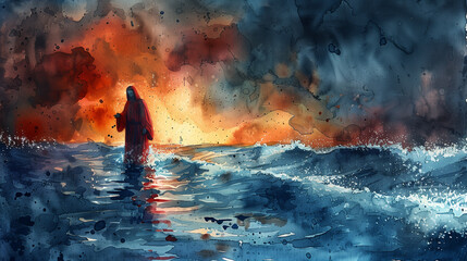 Jesus christ, god walks on water miracle. Watercolor painting, Christ walking on water, jesus...