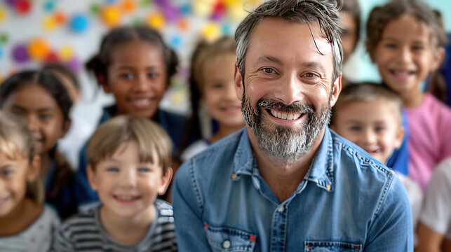 middle aged european man in a classroom with his students or preschoolers looking at the camera and smiling. teacher or educator at your favorite job. modern kindergarten