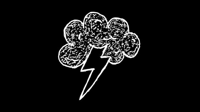 White wiggly hand drawn stormy cloud with lightning strike doodle overlay animation
