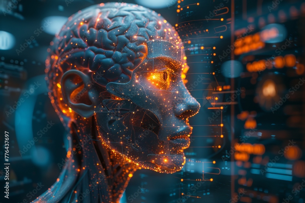 Poster this image showcases a 3d brain model integrated with a digital interface suggesting concepts of art