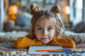 Adorable little girl with big blue eyes and double hair buns resting her chin on her hands on top of a sketch pad