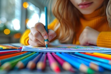A young child focuses intently on coloring with pencils, embodying creativity, learning, and early...