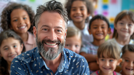 middle aged european man in a classroom with his students or preschoolers looking at the camera and smiling. teacher or educator at your favorite job. modern kindergarten - obrazy, fototapety, plakaty