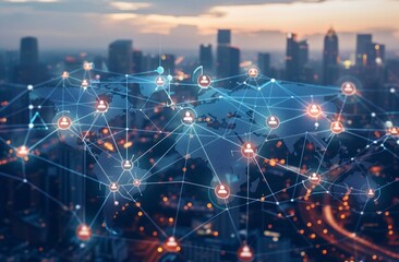 Digital map of global network connectivity, social media icons on a blurred moving cityscape background Conceptual illustration of online technology Generative AI