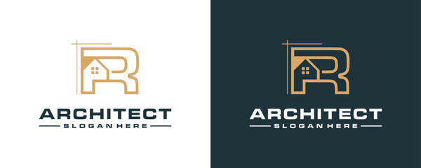 Letter R architecture logo design. Vector combination of construction and letter - obrazy, fototapety, plakaty